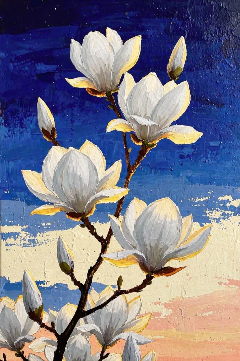 Acrylic painting of white magnolia flowers and buds on a branch against a textured blue-to-orange gradient sky.