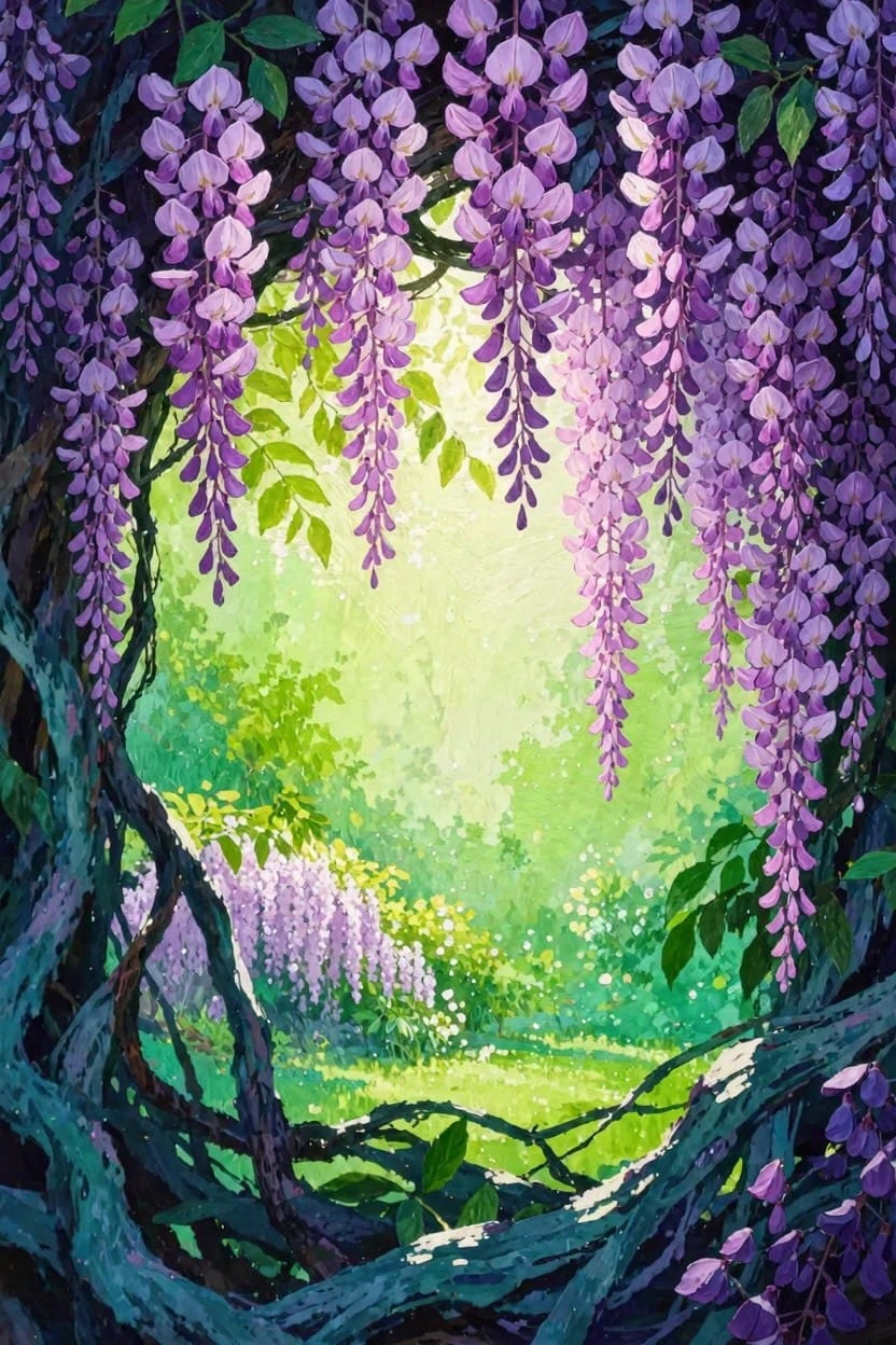 Purple wisteria vines and flowers form an arched frame around a lush green garden meadow in a detailed painting.