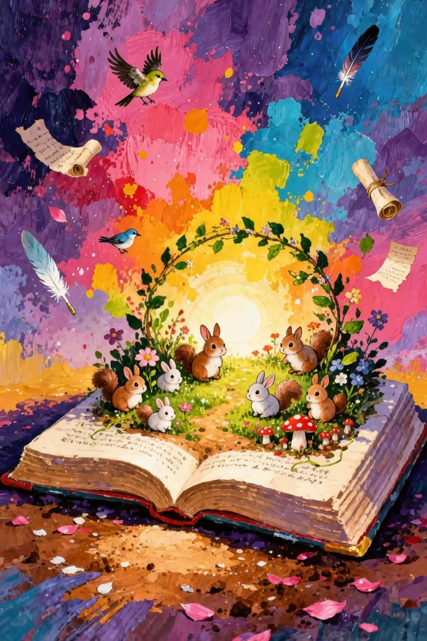 Open book with bunnies, flowers, mushrooms, birds, feathers, and scrolls in a colorful fantasy scene on its pages.