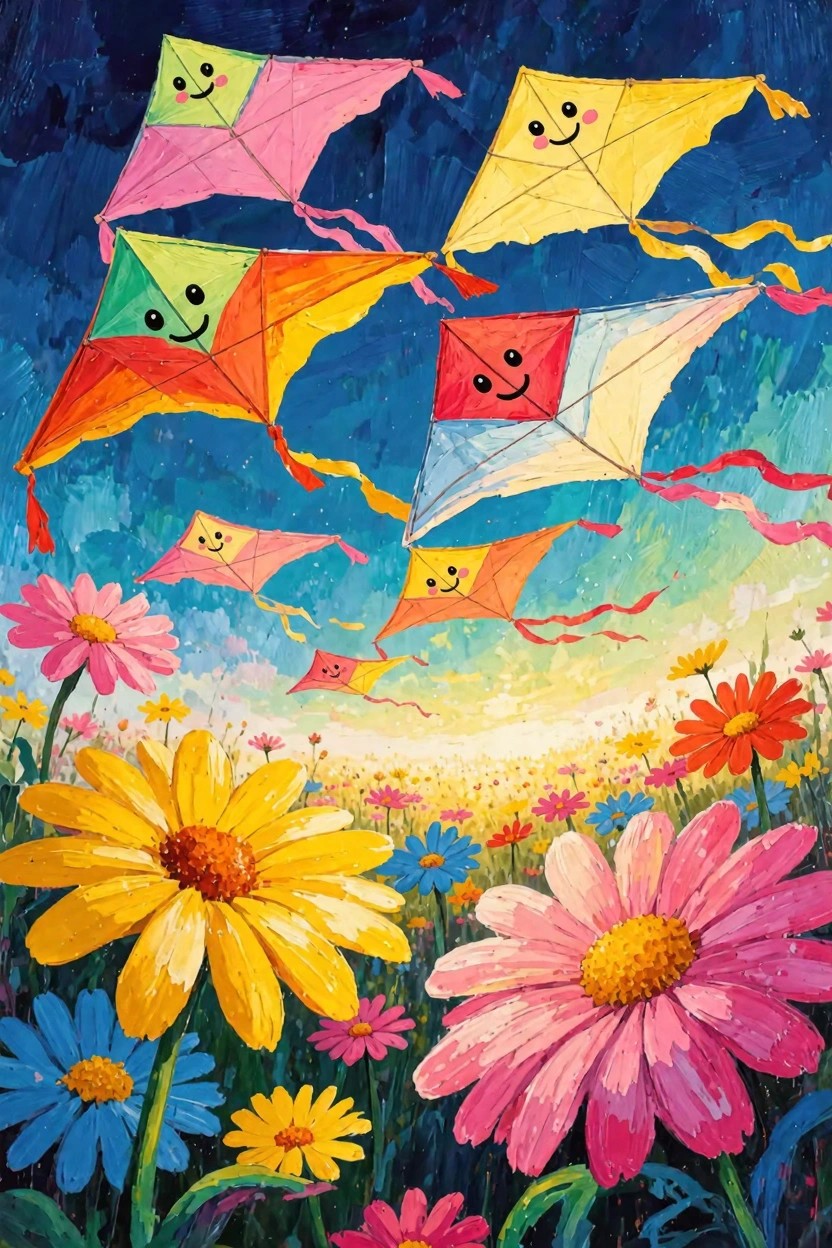 Colorful kites with smiling faces fly over a field of large daisies in yellow, pink, blue, and orange against a blue and gold sunset sky.