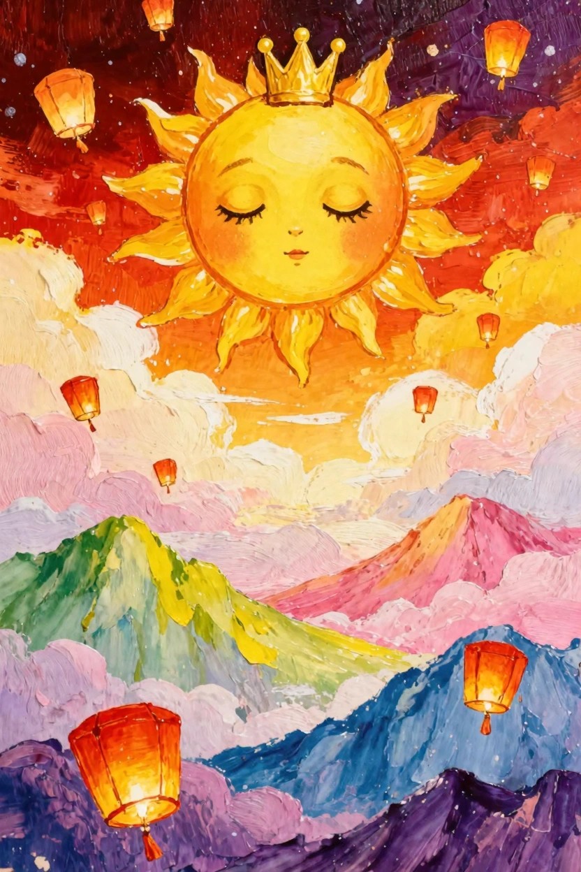 A cute yellow sun with closed eyes, smiling mouth, and golden crown floats in a pink-purple sunset sky with floating orange lanterns, clouds, and layered colorful mountains below.