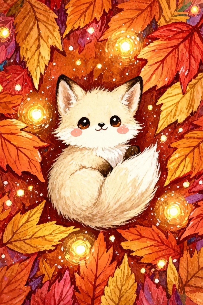 Fluffy white fox curled up surrounded by red and orange autumn leaves and glowing lights on a dark background.