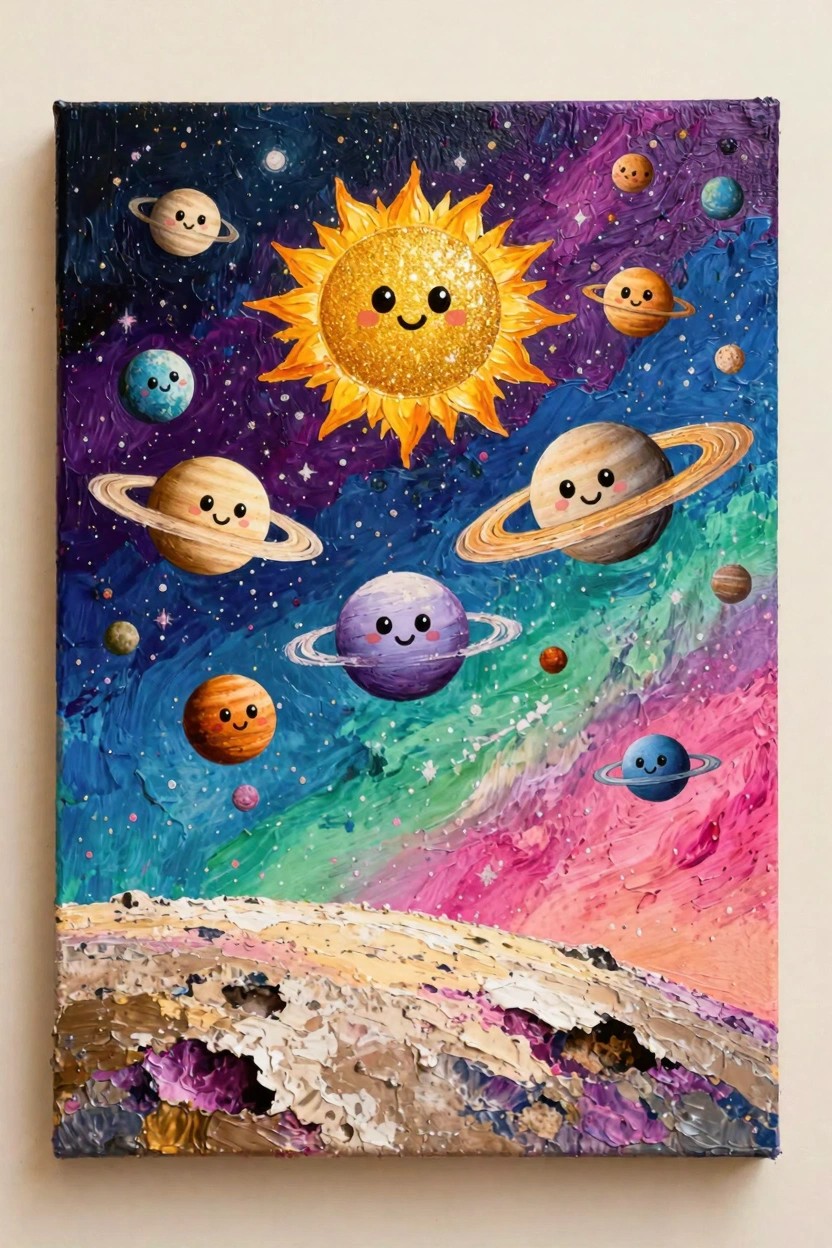 Canvas painting of smiling sun and planets in a colorful space scene with starry background and textured rocky foreground.