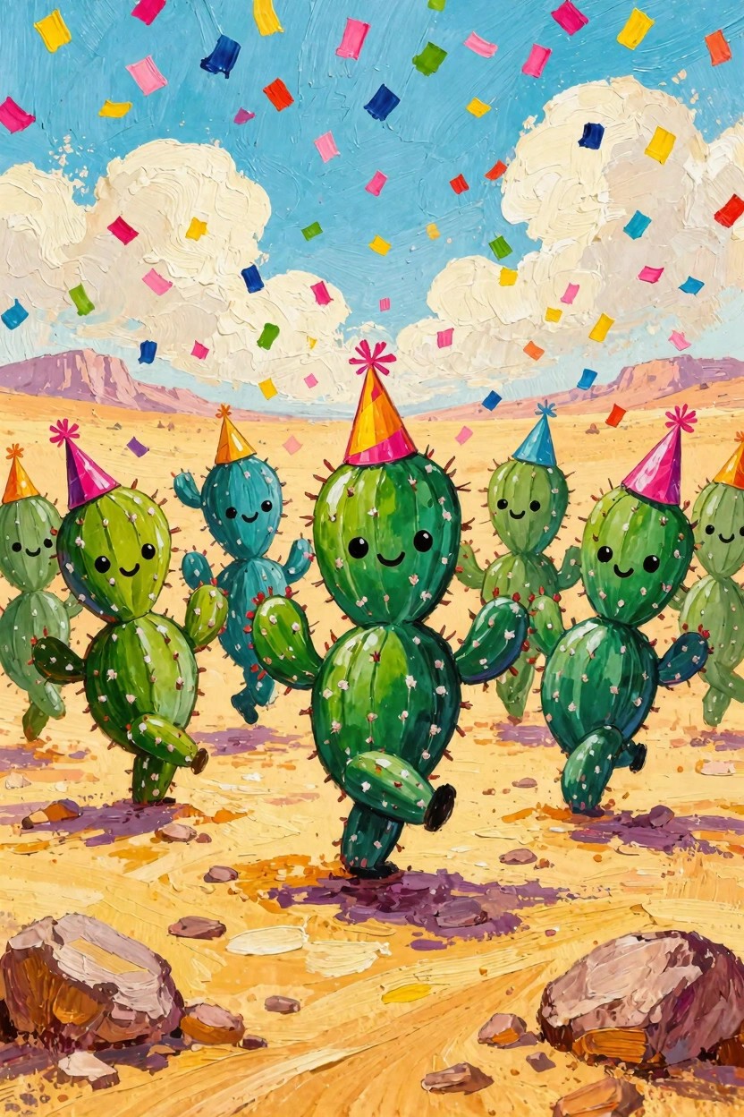 Cartoonish green cacti wearing colorful party hats dance in a circle on a desert ground with confetti falling from the sky and distant mountains.