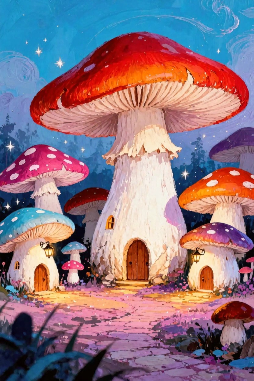 A fantasy painting of giant colorful mushrooms built as houses with doors and lanterns in a starry forest glade.
