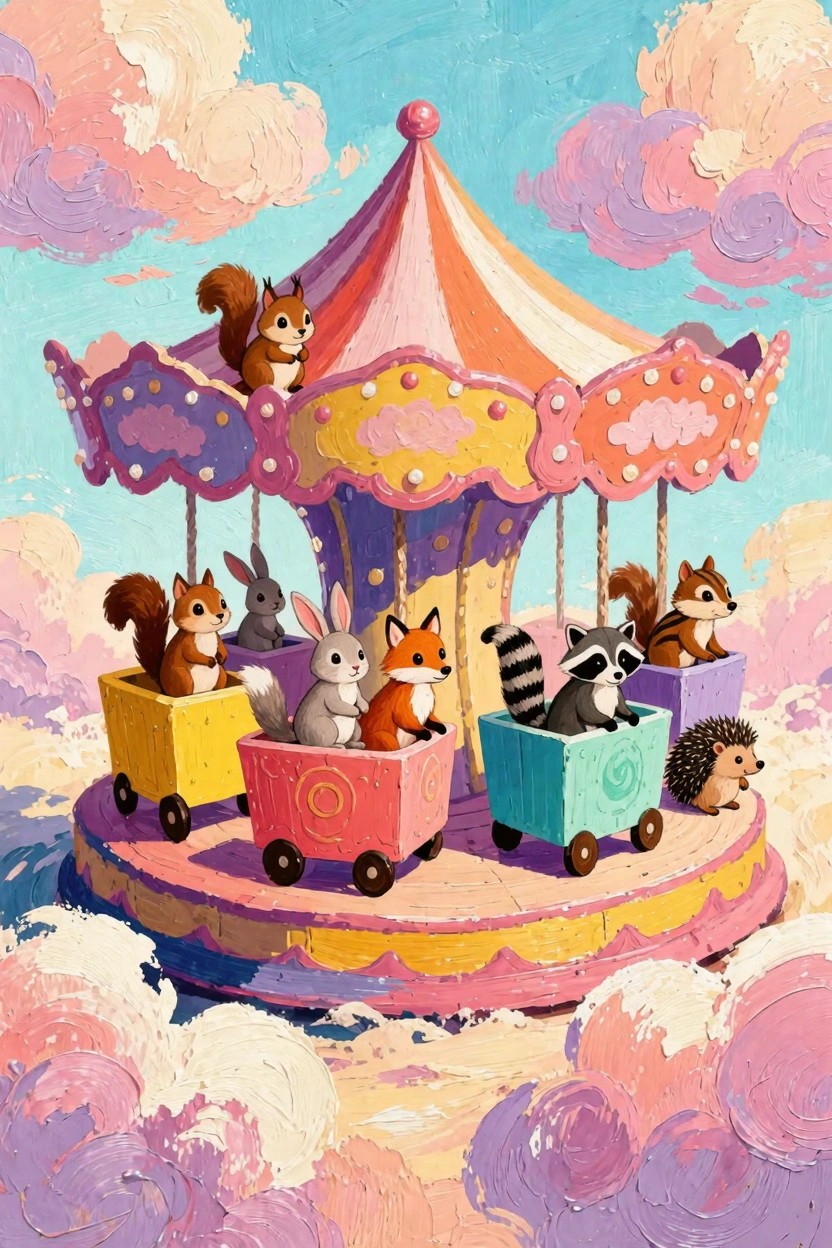 Colorful carousel with squirrels, rabbits, foxes, raccoons, and hedgehog in striped cars, floating amid pastel pink and blue clouds.