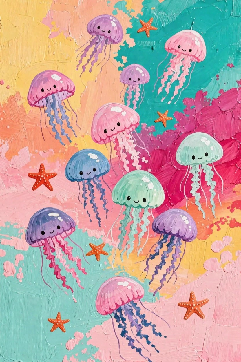 Colorful painting of multiple cute jellyfish in pastel pinks, purples, teals, and blues floating amid blended backgrounds with scattered starfish.