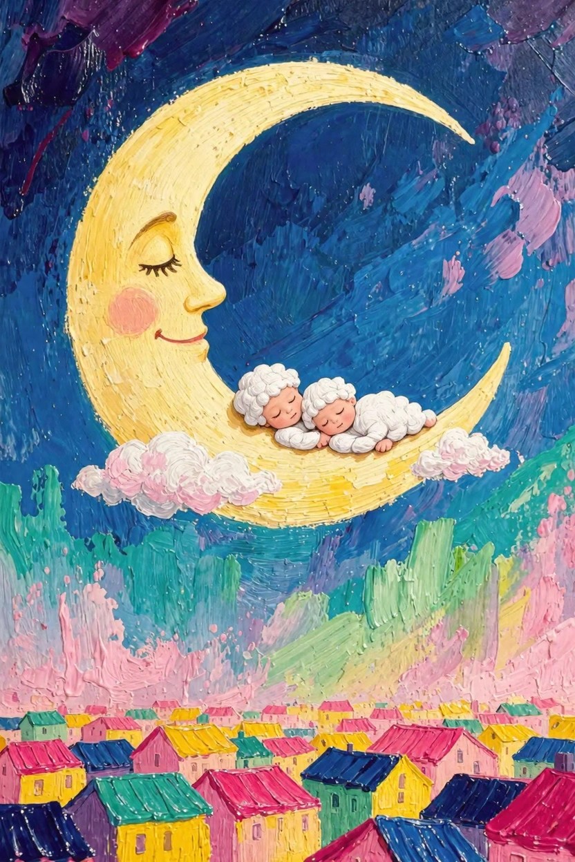 A yellow smiling crescent moon holds two white fluffy sleeping sheep on clouds above colorful clustered houses in a purple and blue night sky.