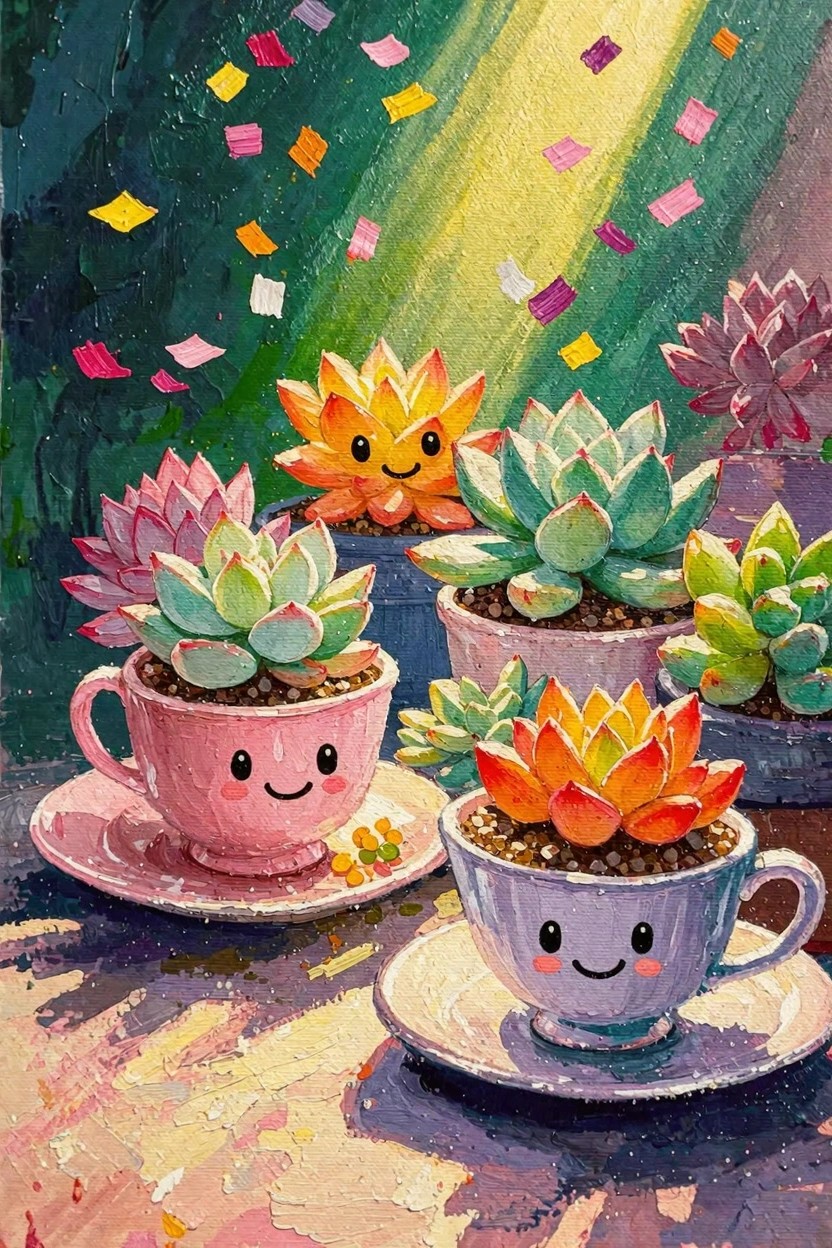 Colorful succulents planted in teacups with happy faces, surrounded by confetti shapes and light rays on a green background.