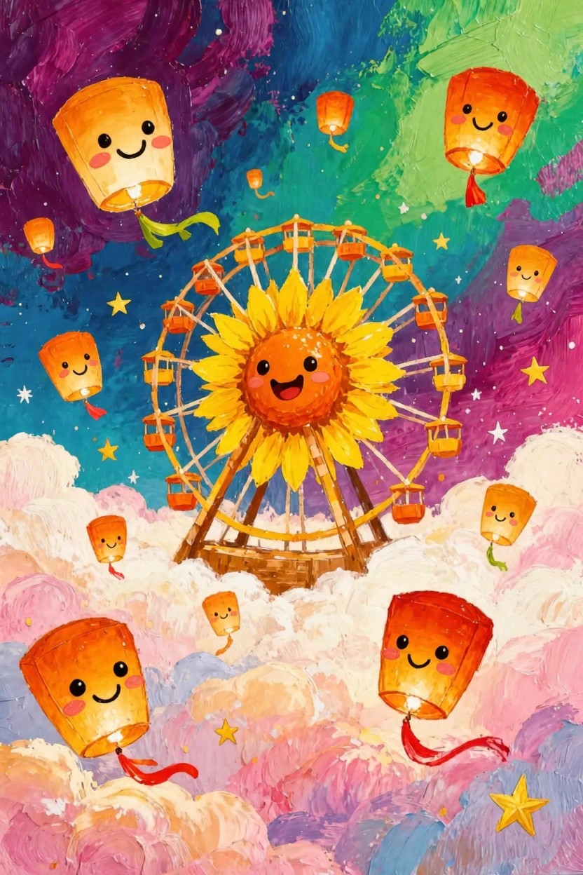 Colorful painting of a smiling sunflower Ferris wheel surrounded by floating orange lanterns with cute faces in a starry purple-pink sky with clouds.