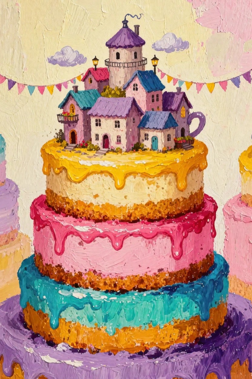 A tall multi-tiered cake with colorful frosting drips topped by tiny clustered houses, a lighthouse tower, and bunting flags in thick painterly brushstrokes.