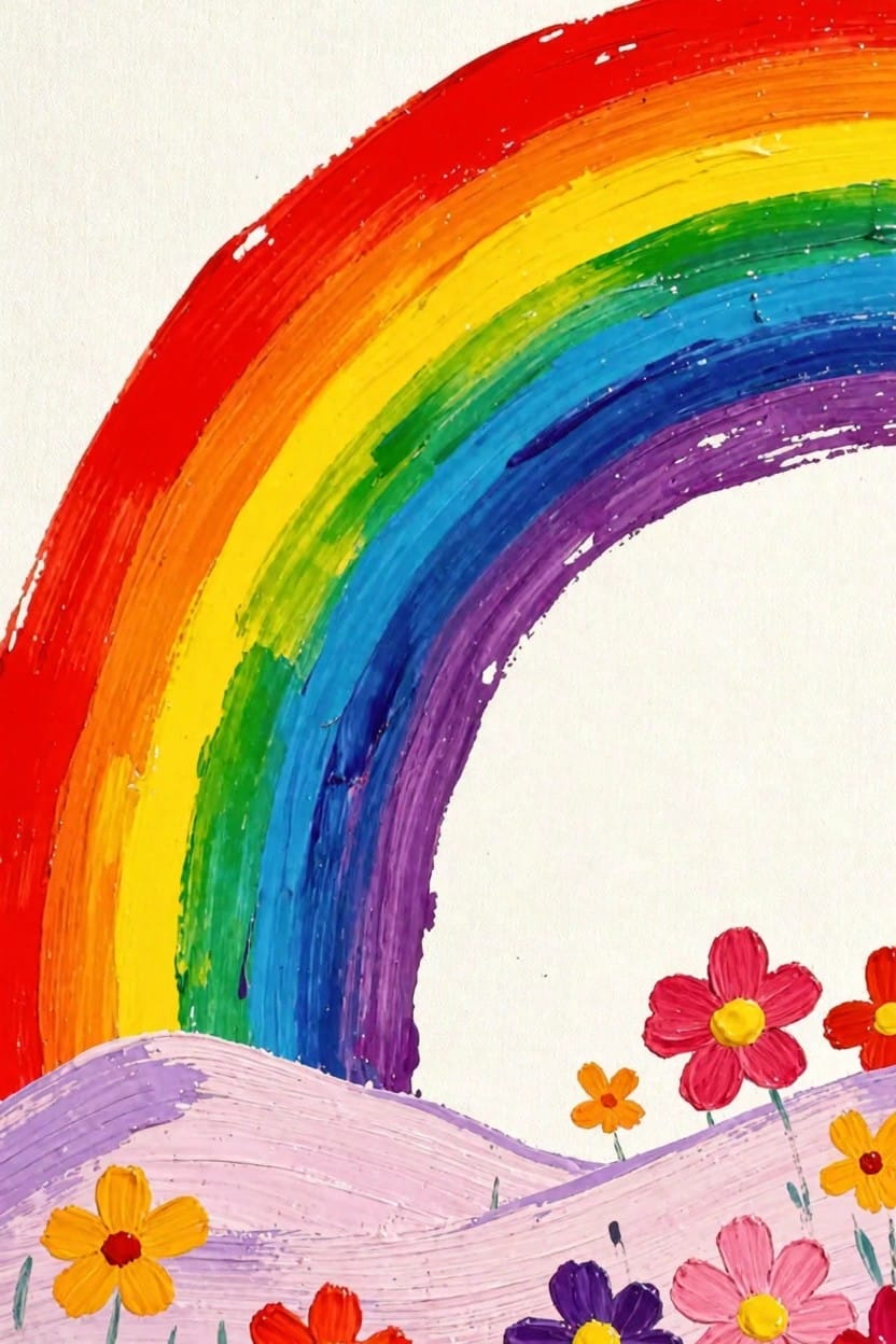 Painterly rainbow arching over purple-pink hills with orange, pink, yellow, and purple flowers on a white background.