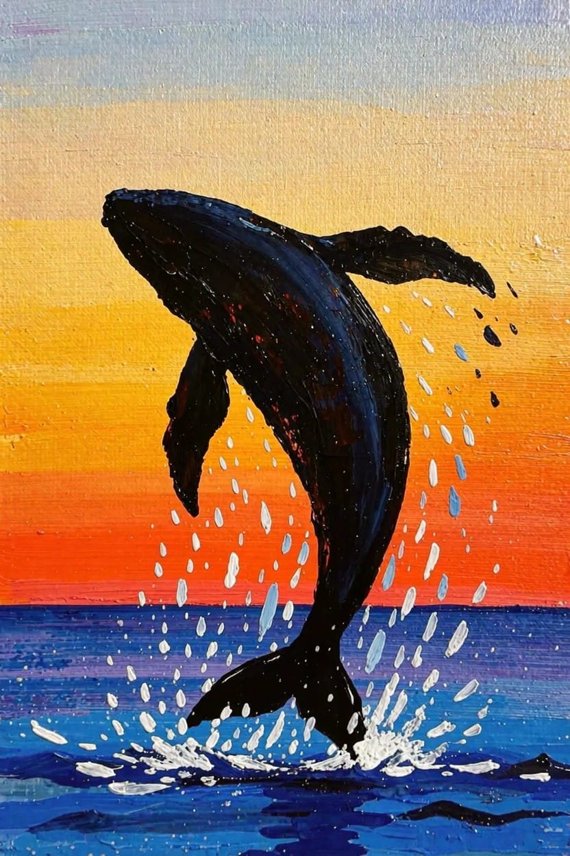 Black silhouette of a breaching humpback whale jumping from blue ocean water against a purple-to-orange sunset sky with white spray splashes.