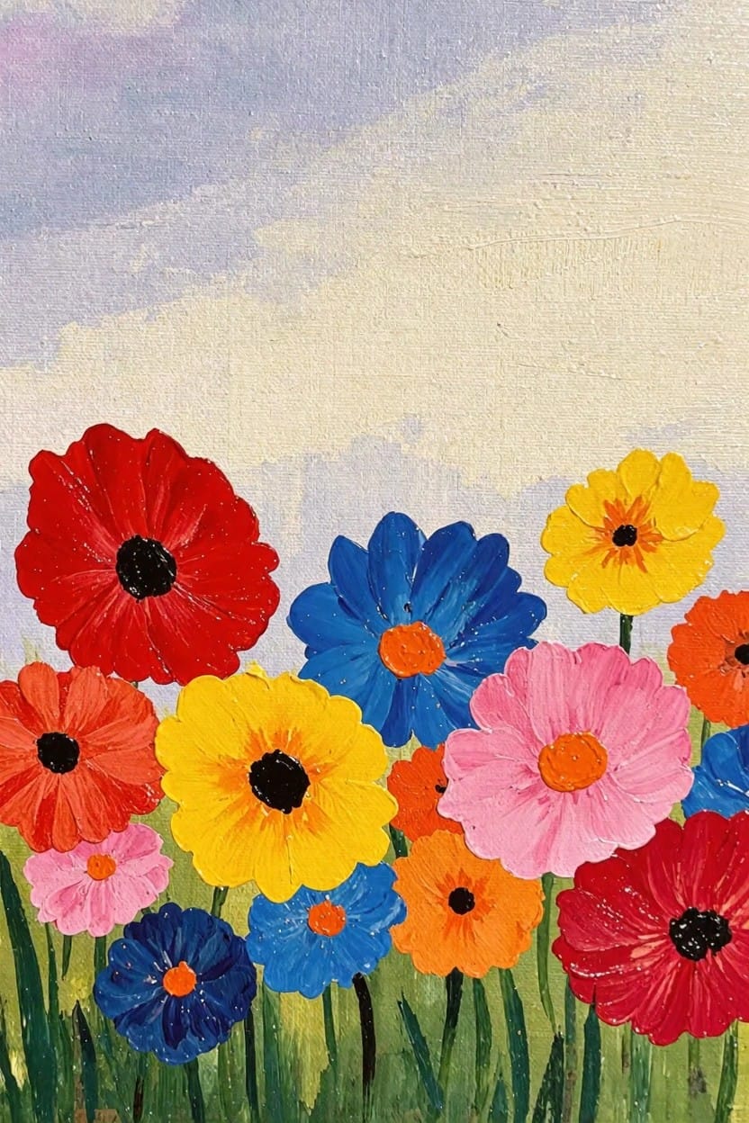 Acrylic painting of multicolored flowers like red poppies, blue daisies, yellow sunflowers, and pink blooms on green stems against a light purple to white sky gradient.