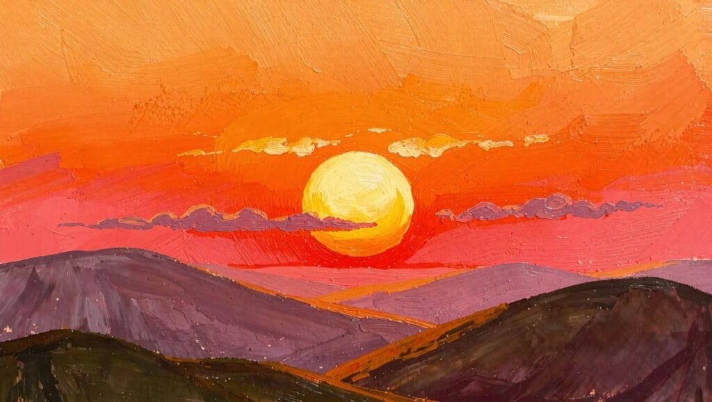 Acrylic painting of a yellow sun setting between purple mountains under a gradient pink-to-orange sky with pink clouds.