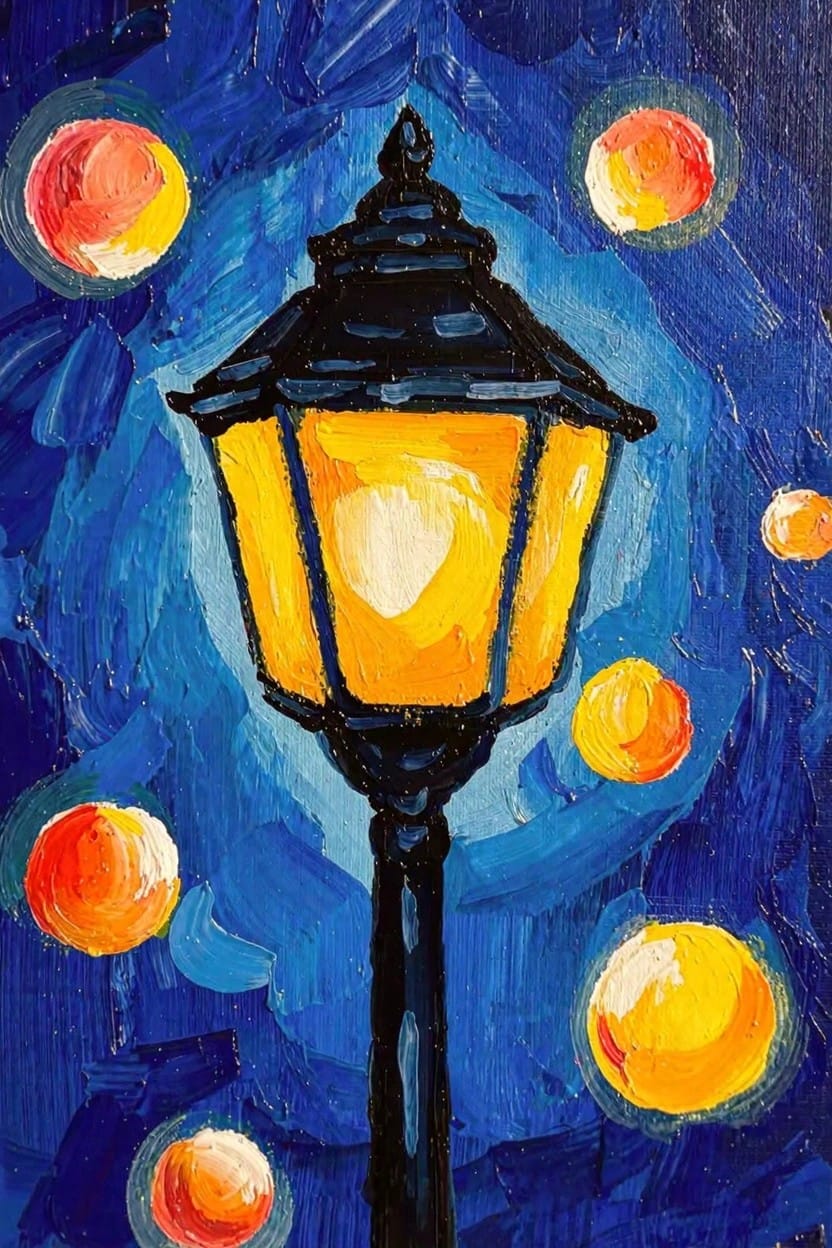 Black lamppost with yellow glowing lantern surrounded by floating orange and yellow orbs on deep blue background.