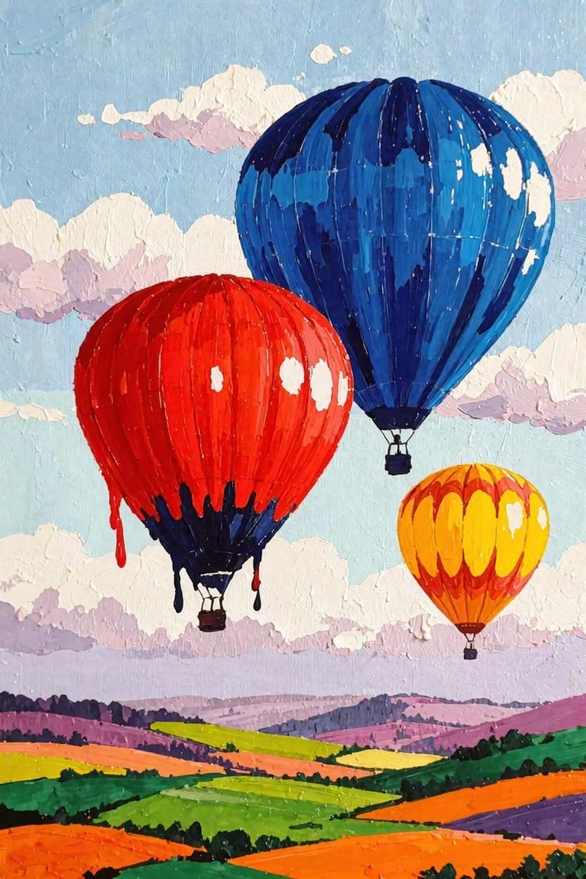 Three hot air balloons in red, blue, and yellow float above colorful rolling fields under a cloudy sky.