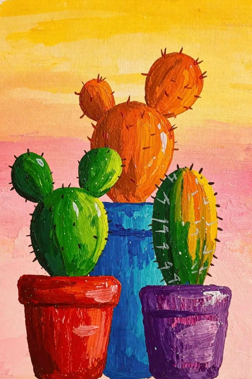 Three cacti stylized with Mickey Mouse ears in red, blue, and purple pots against a yellow-orange gradient background.