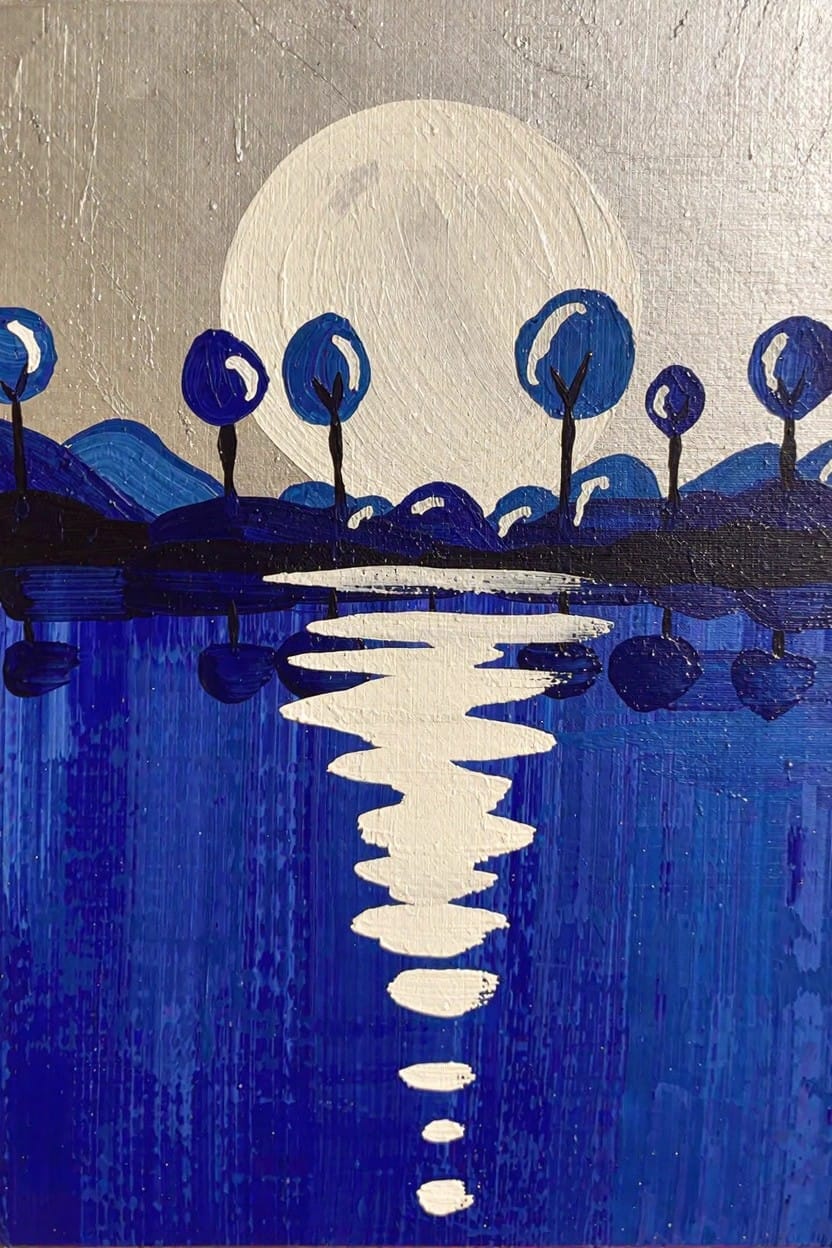 Acrylic painting of a large white full moon above blue silhouetted trees and mountains, reflecting in white ripples on dark blue water.
