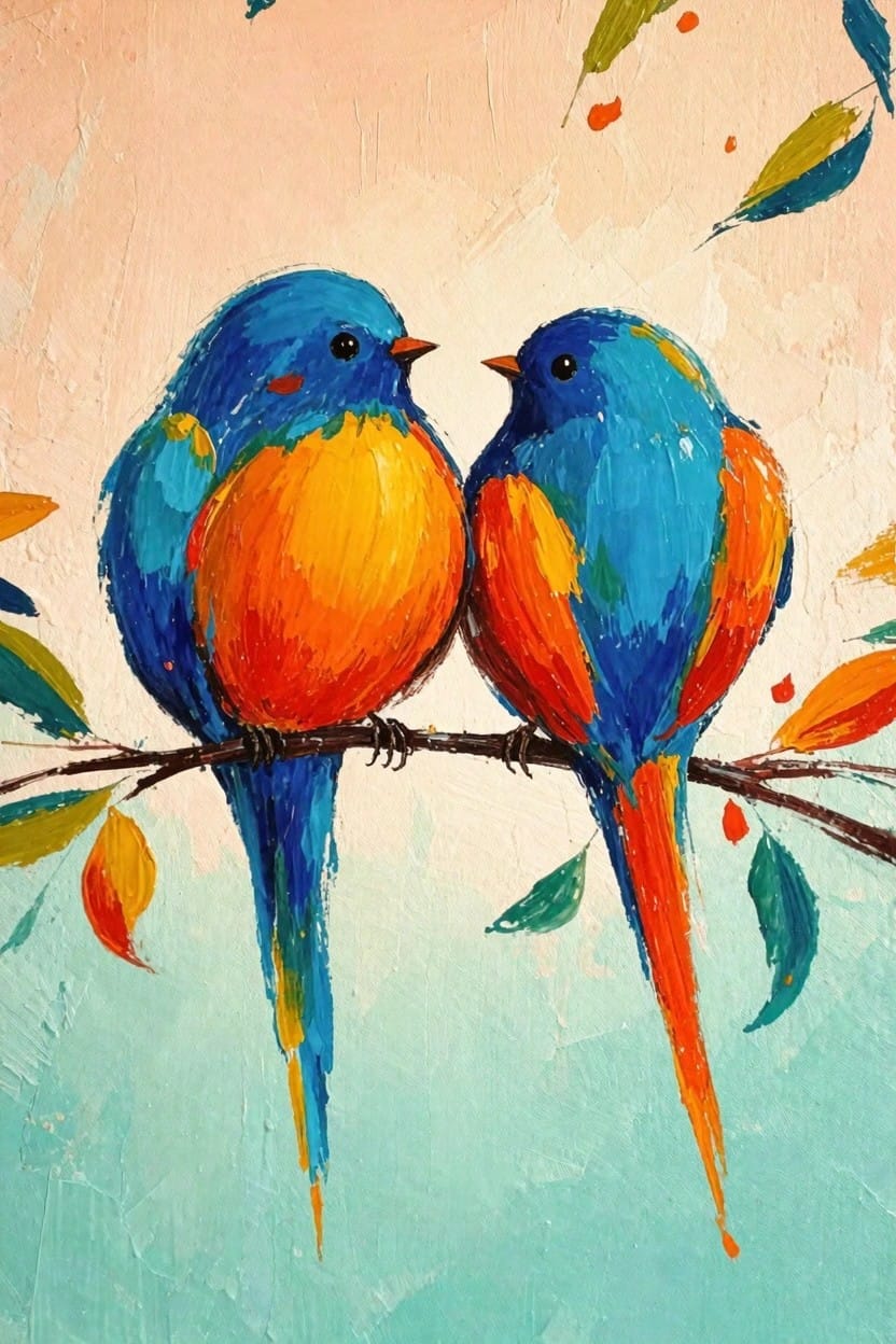 Two blue and orange birds with long tails perch facing each other on a branch amid colorful leaves against a gradient background.