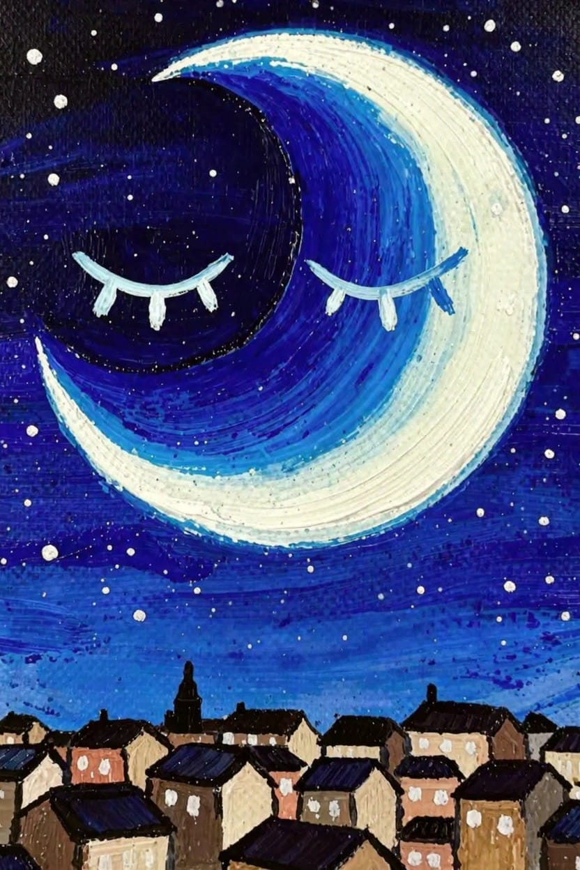 A crescent moon with closed eyes in a starry deep blue night sky above a row of colorful houses.