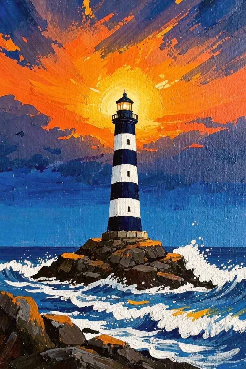 Painting of black-and-white striped lighthouse on rocks surrounded by waves under orange and blue sunset sky.
