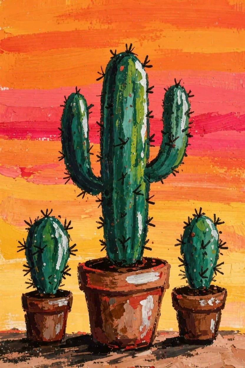 Three green cacti of varying heights in terracotta pots centered against a vibrant orange-to-pink striped sunset sky.