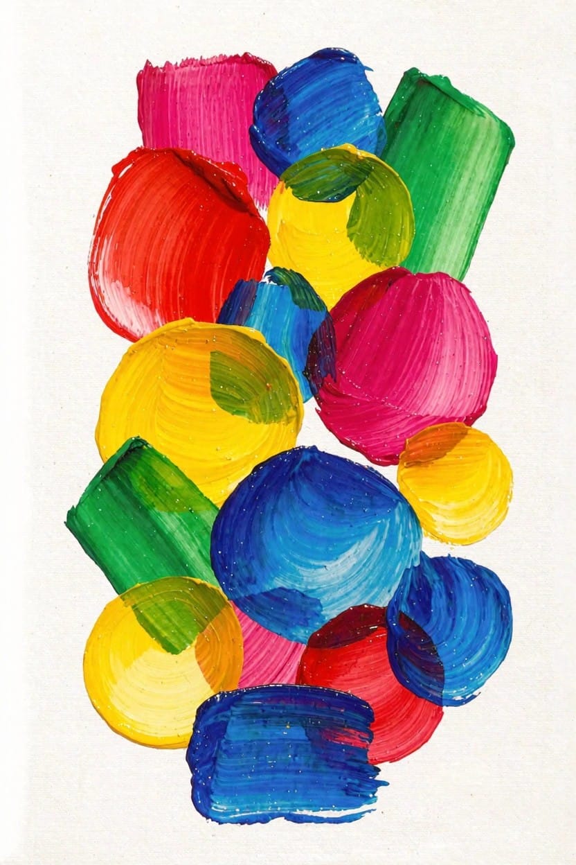 Vertical stack of overlapping irregular blobs and shapes in bright pink, blue, green, red, and yellow paints on white background.