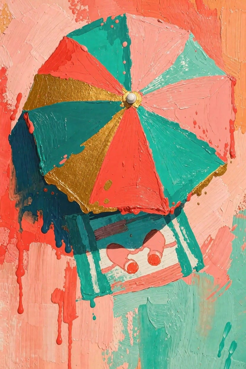 A loose acrylic painting of a multicolored striped beach umbrella above a lounge chair on a pink-orange drippy background.