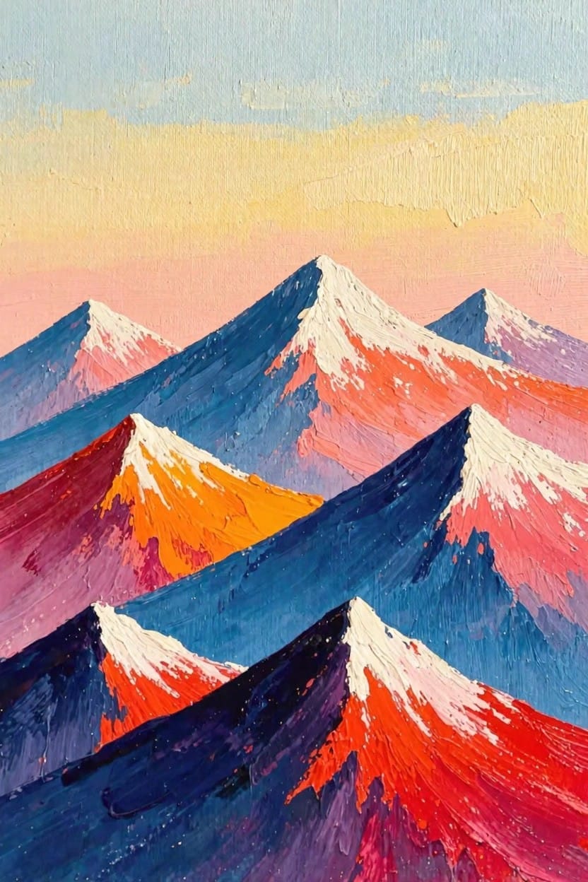 Colorful impasto painting of multiple layered snowy mountain peaks in pinks, oranges, blues, purples, and yellows under a gradient sky.