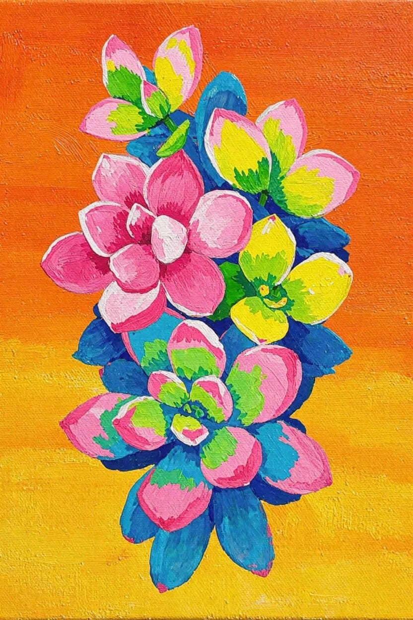 A cluster of stylized pink, green, yellow, and blue succulents painted on an orange background.