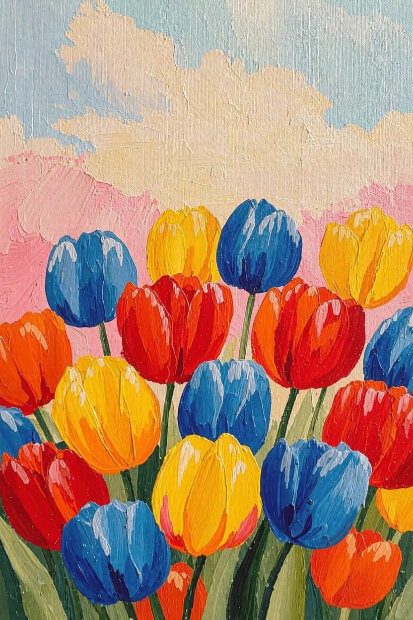 Vibrant acrylic painting of a bouquet of blue, yellow, red, and orange tulips against a cloudy blue sky.
