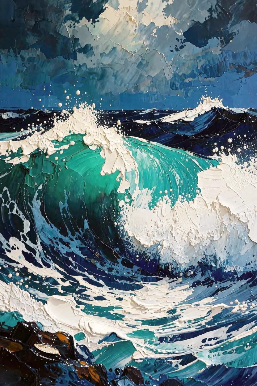 Acrylic painting of turquoise waves crashing with white foam under dark blue stormy clouds and orange rocks at the base.
