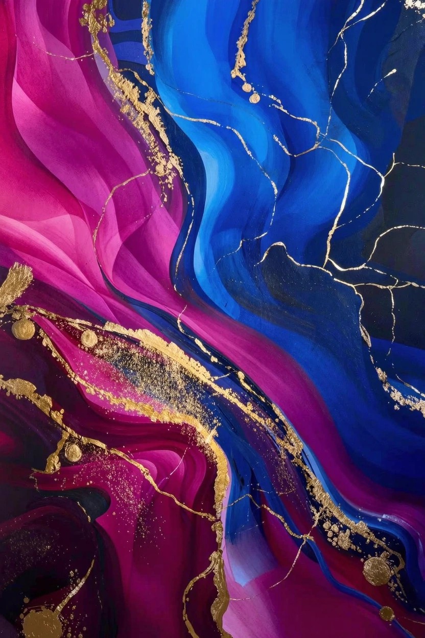 Abstract fluid painting in magenta, purple, deep blue, and metallic gold with swirling shapes and crackled gold veins.