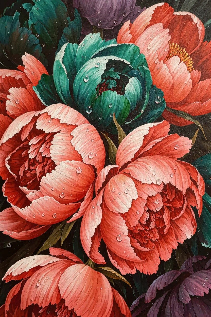Close-up painting of overlapping peonies in green, pink, red, and purple with water droplets against a dark background.
