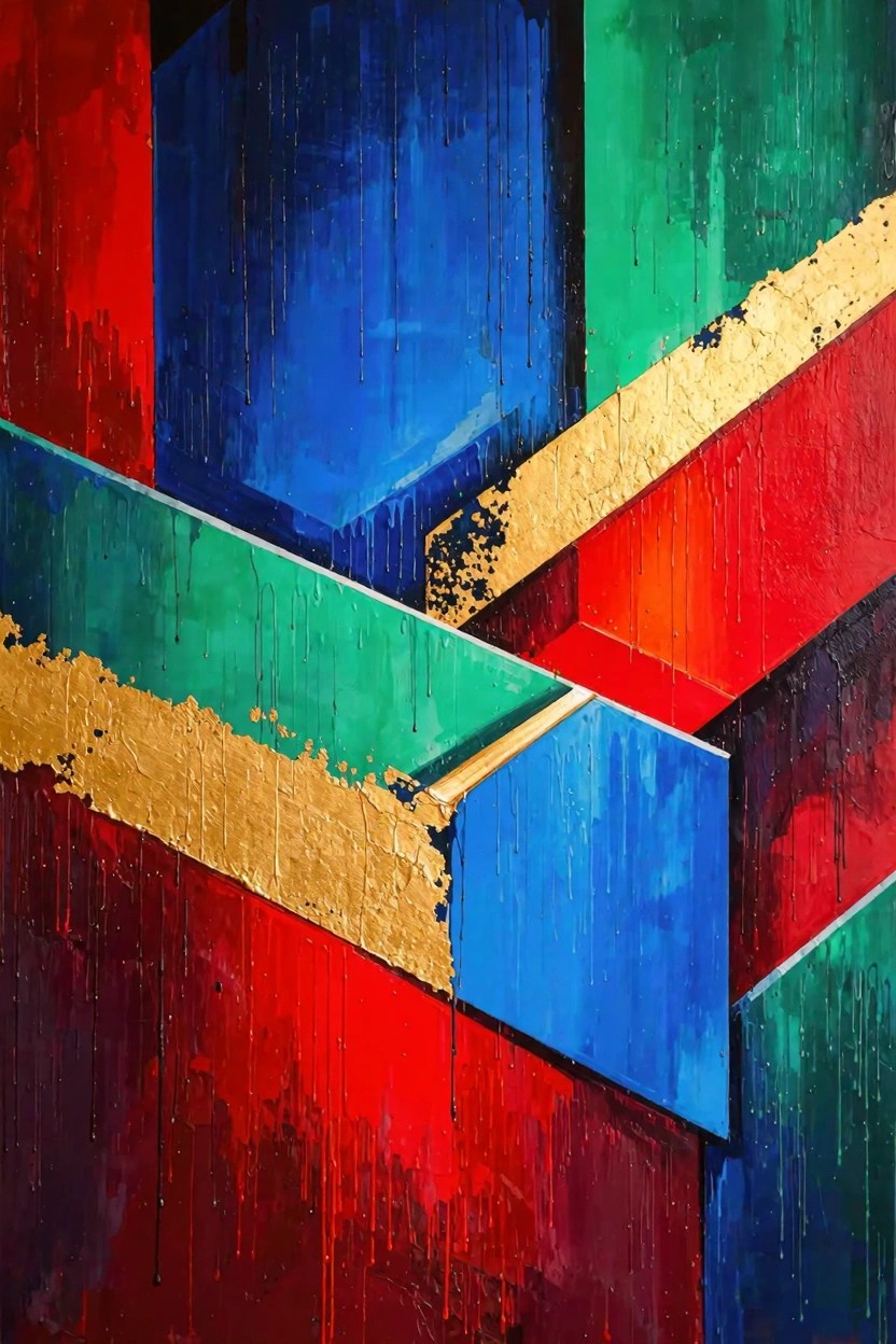 Abstract acrylic painting of overlapping rectangular geometric shapes in red, blue, green, and gold with drips and metallic accents.