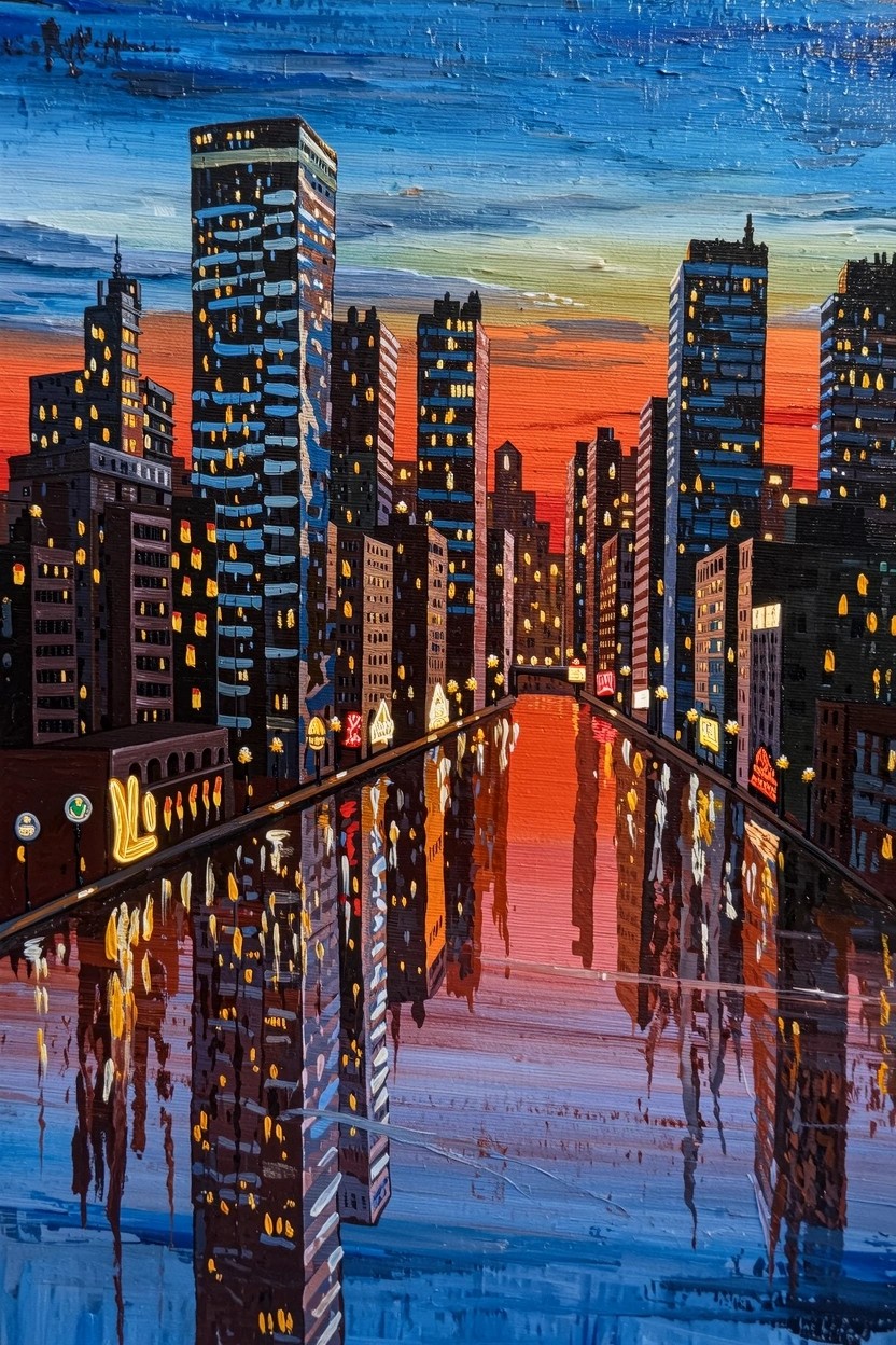 Acrylic painting of skyscrapers at dusk reflected symmetrically in a river with orange, blue, and purple tones and textured brushwork.