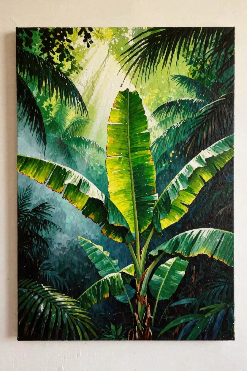 Vibrant acrylic painting of a tall banana plant with large green leaves centered in a sunlit tropical jungle with surrounding palms and ferns.