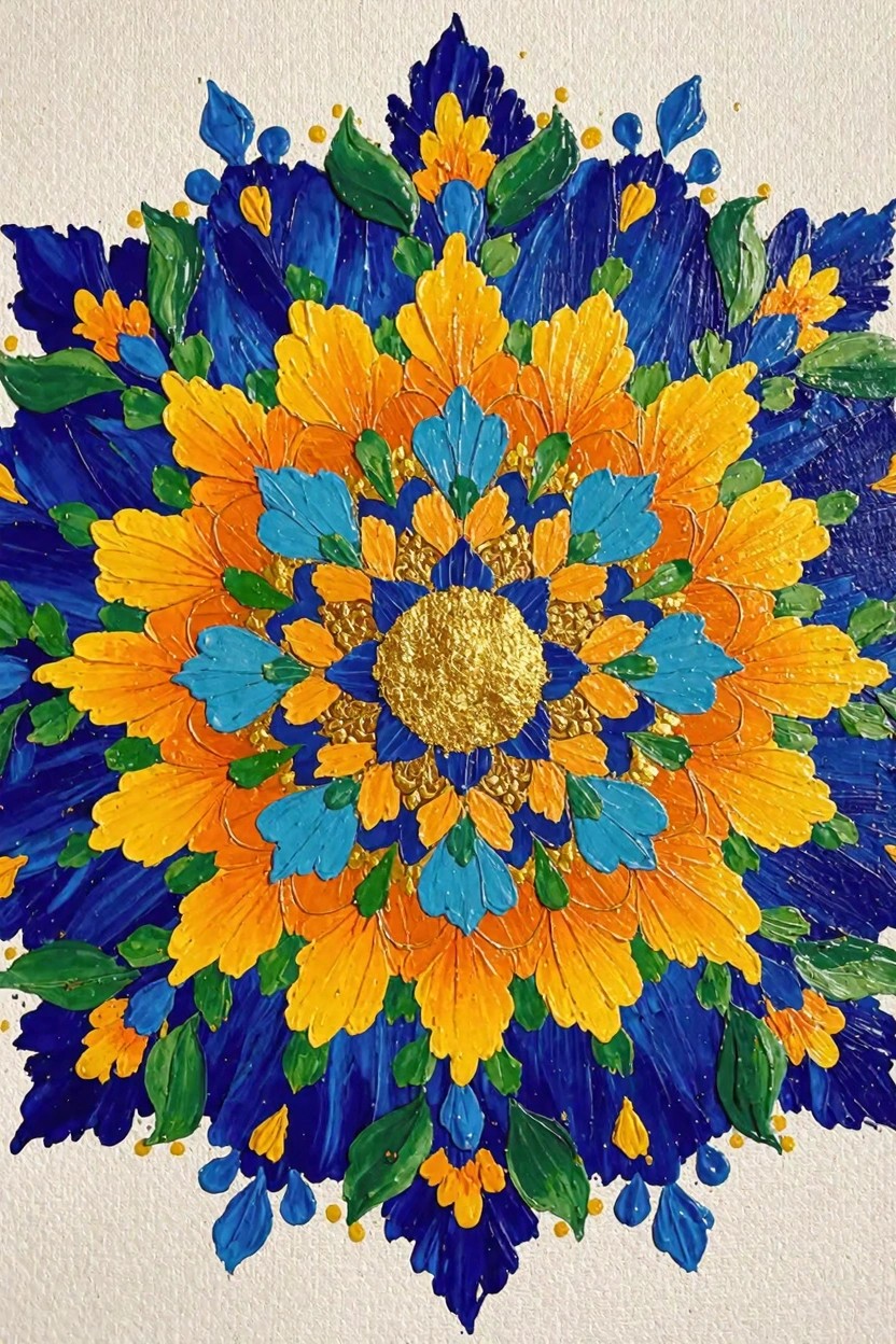 Symmetrical mandala with layered blue, orange, yellow, and green floral shapes around a gold center on white background.