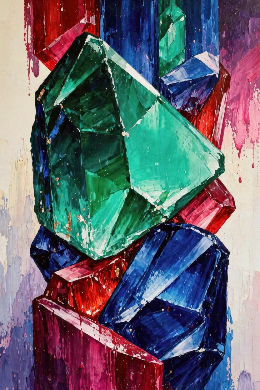 Painting of stacked faceted crystals in green, blue, red, and purple with textured impasto brushwork on a light background.