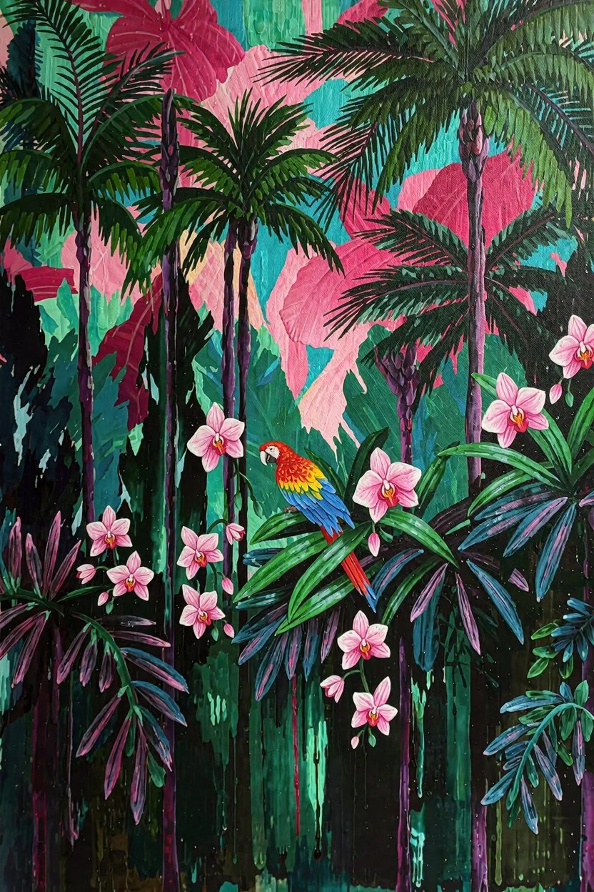 Vibrant painting of a jungle scene with dark palm trees, pink fronds, white orchids, and a red-yellow-blue parrot on a branch.