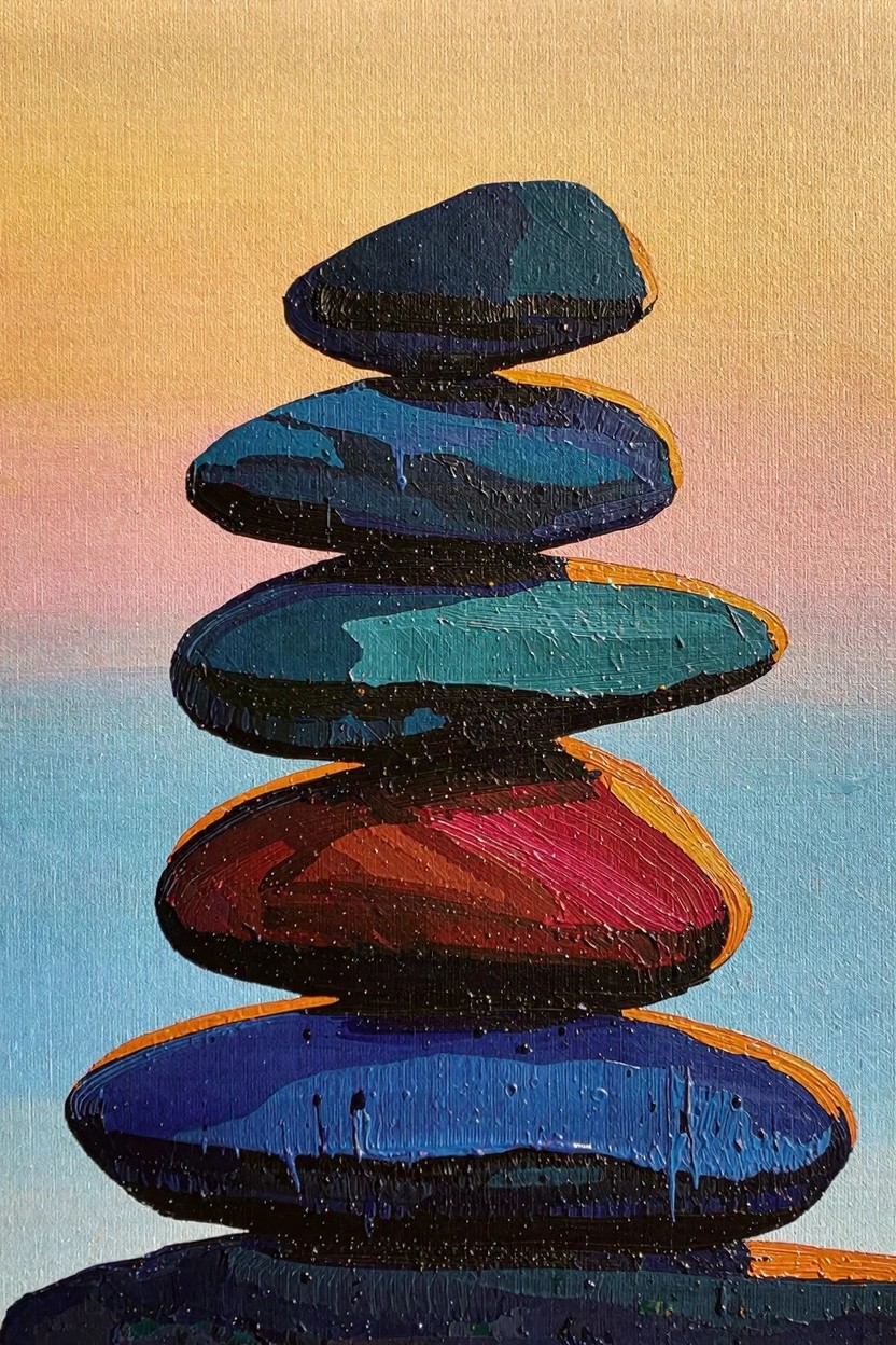 A vertical stack of five colorful textured stones balanced atop each other against a gradient sunset sky over blue water.