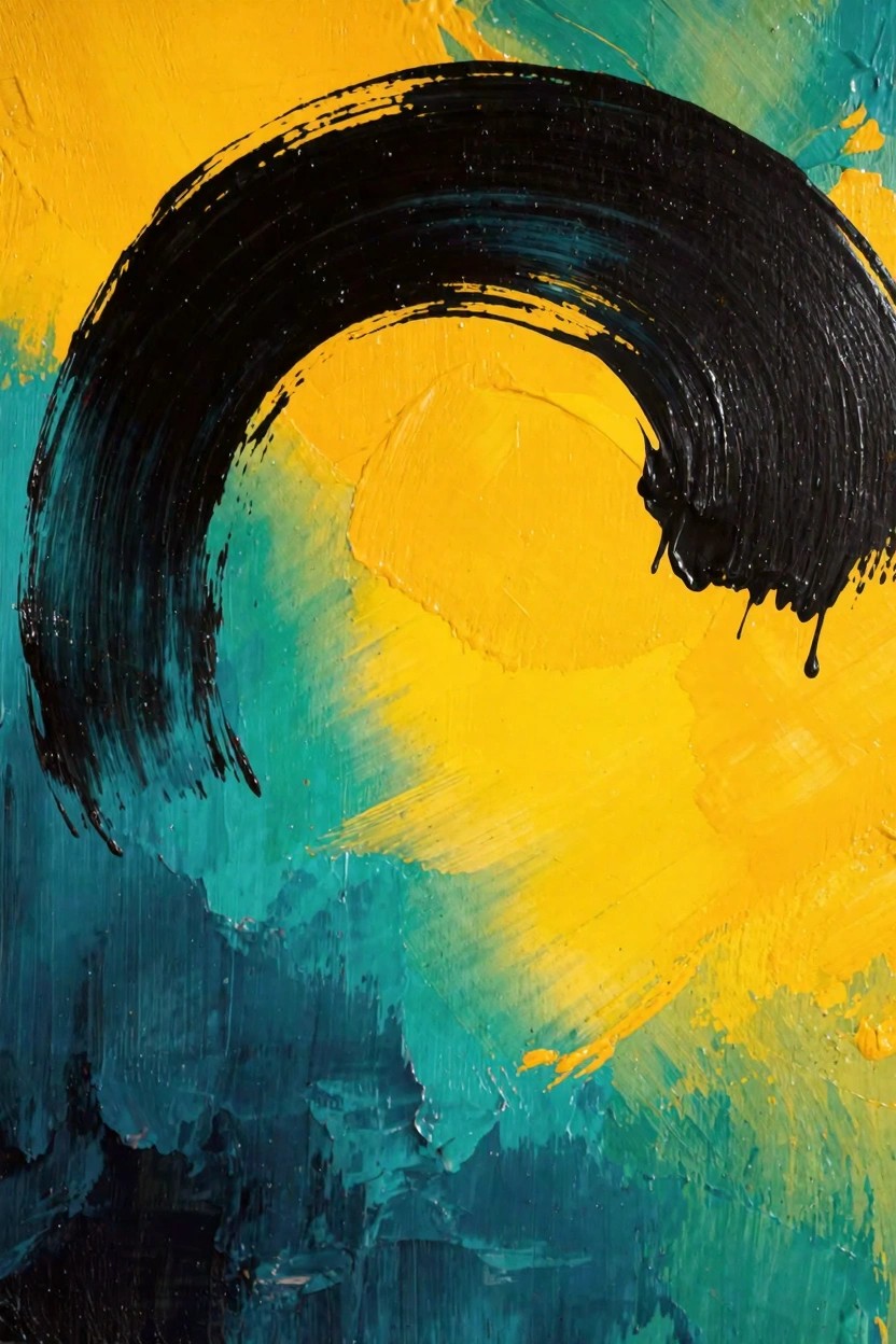 Abstract acrylic painting featuring a thick black curved brushstroke arc on a yellow background fading to teal and green with visible texture and drips.