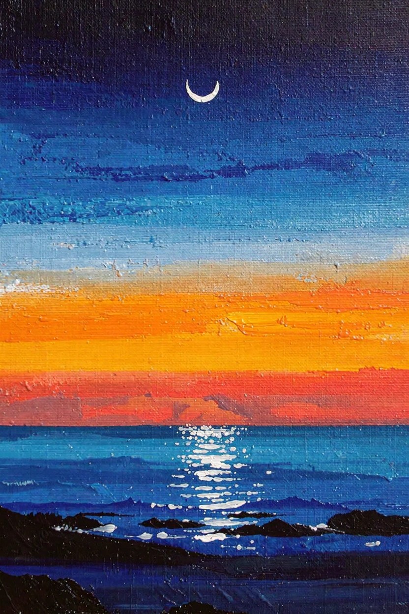Acrylic painting of a crescent moon in a blue-to-orange twilight sky reflecting on dark ocean waves with foreground rocks.