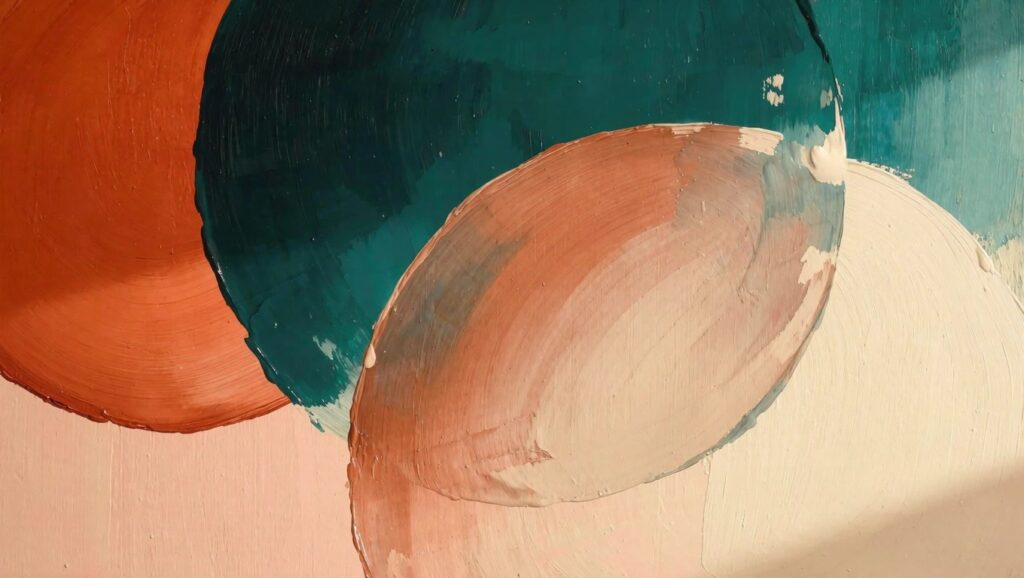 Abstract acrylic painting featuring three large overlapping circular shapes in teal, orange, and beige with textured brushwork.