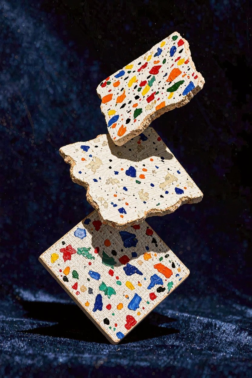 Three irregular white terrazzo slabs speckled with colorful chips, stacked and floating against a dark blue background.