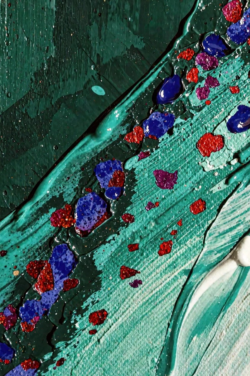 Abstract acrylic painting on a green-to-teal gradient background with scattered glossy red, blue, and pink blobs.