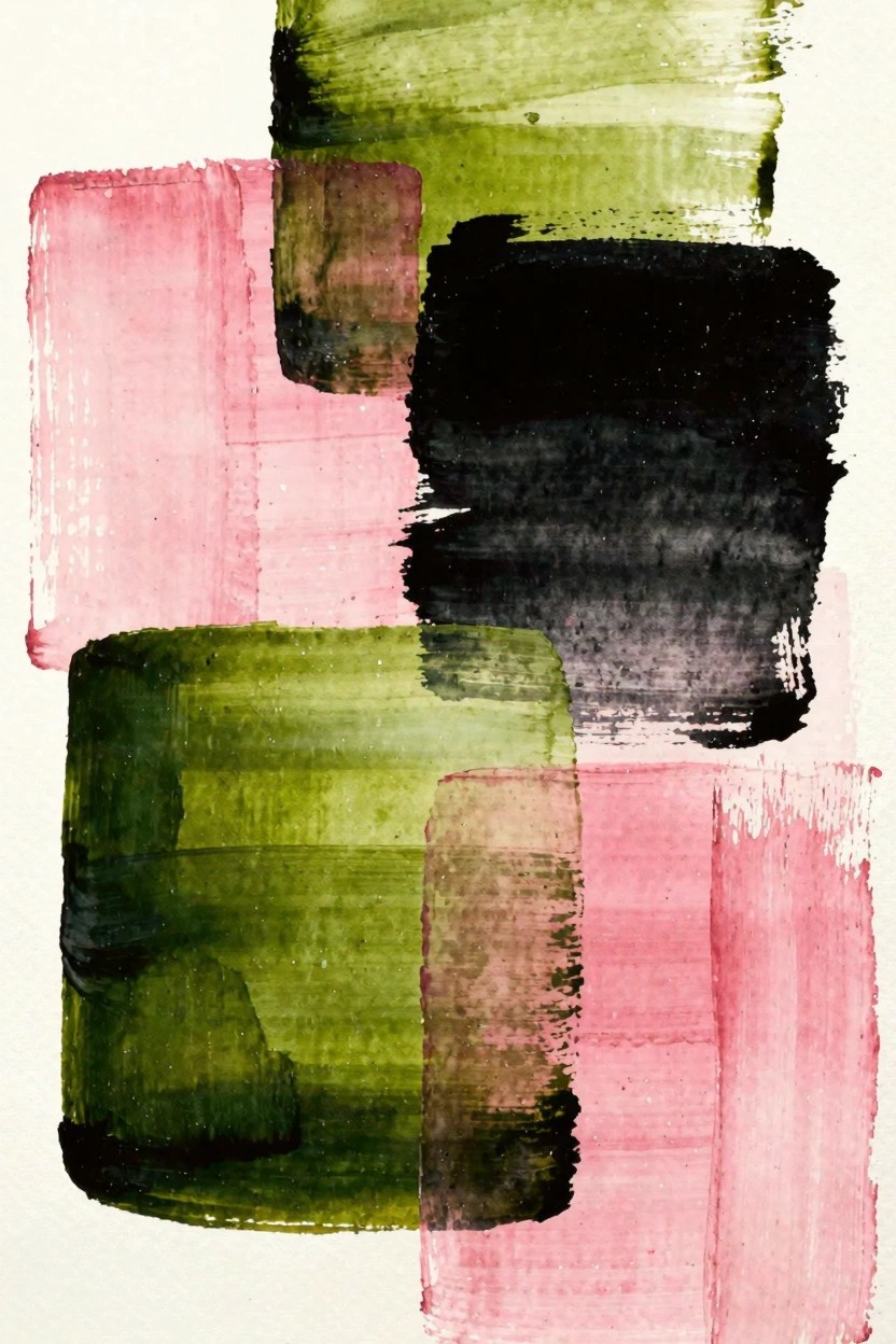 Abstract acrylic painting with overlapping rectangles in shades of green, pink, black, and beige on a white background.