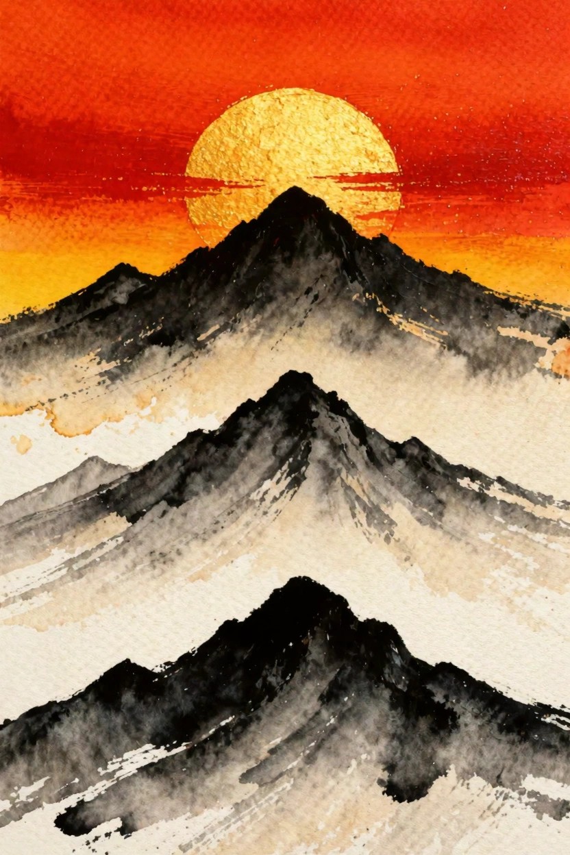 Acrylic-style painting of black silhouetted mountains in multiple layers under a large golden sun in an orange-red gradient sky.