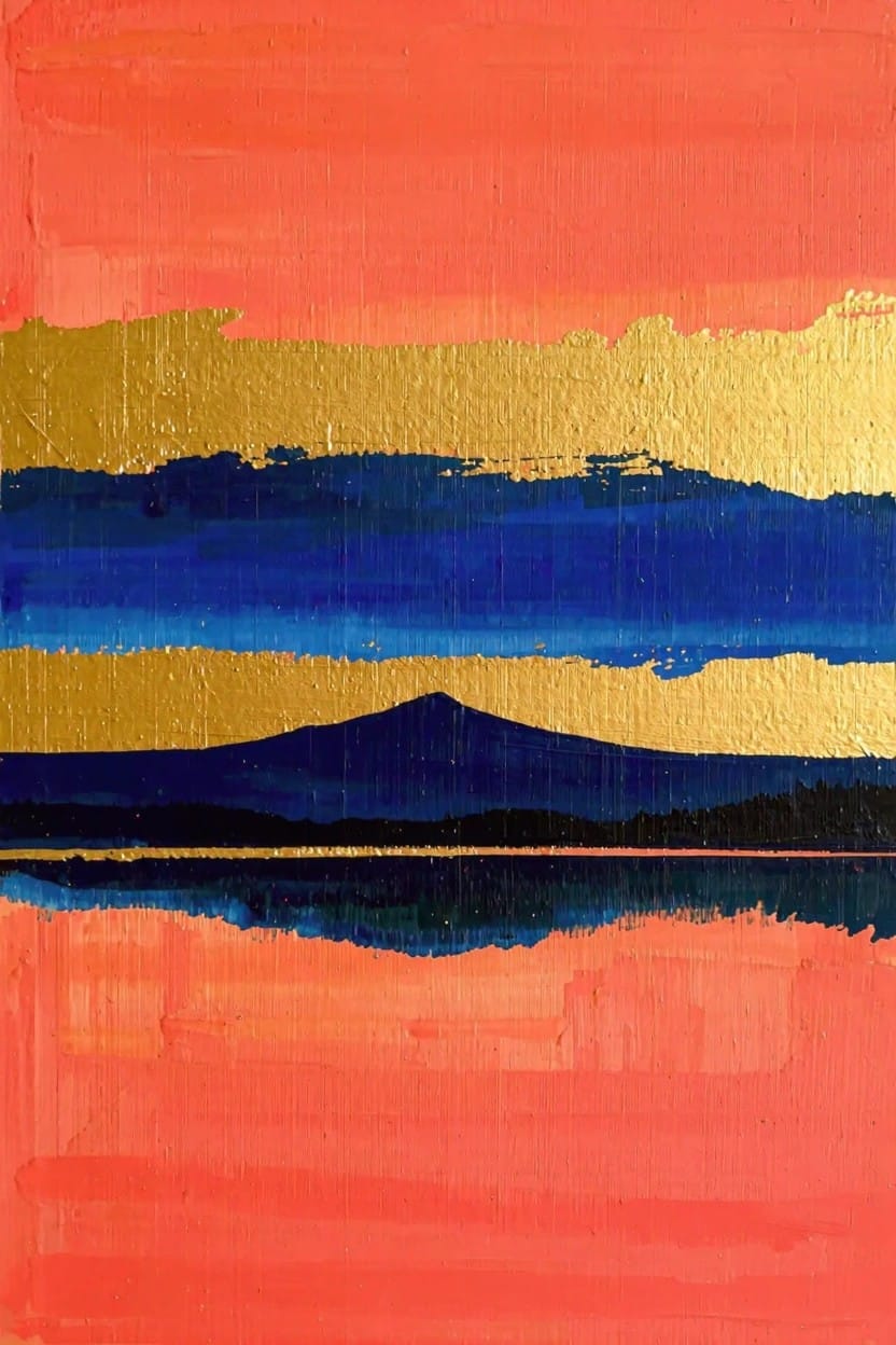 Abstract landscape painting with horizontal orange, gold, blue, and black bands forming a mountain silhouette and its reflection.